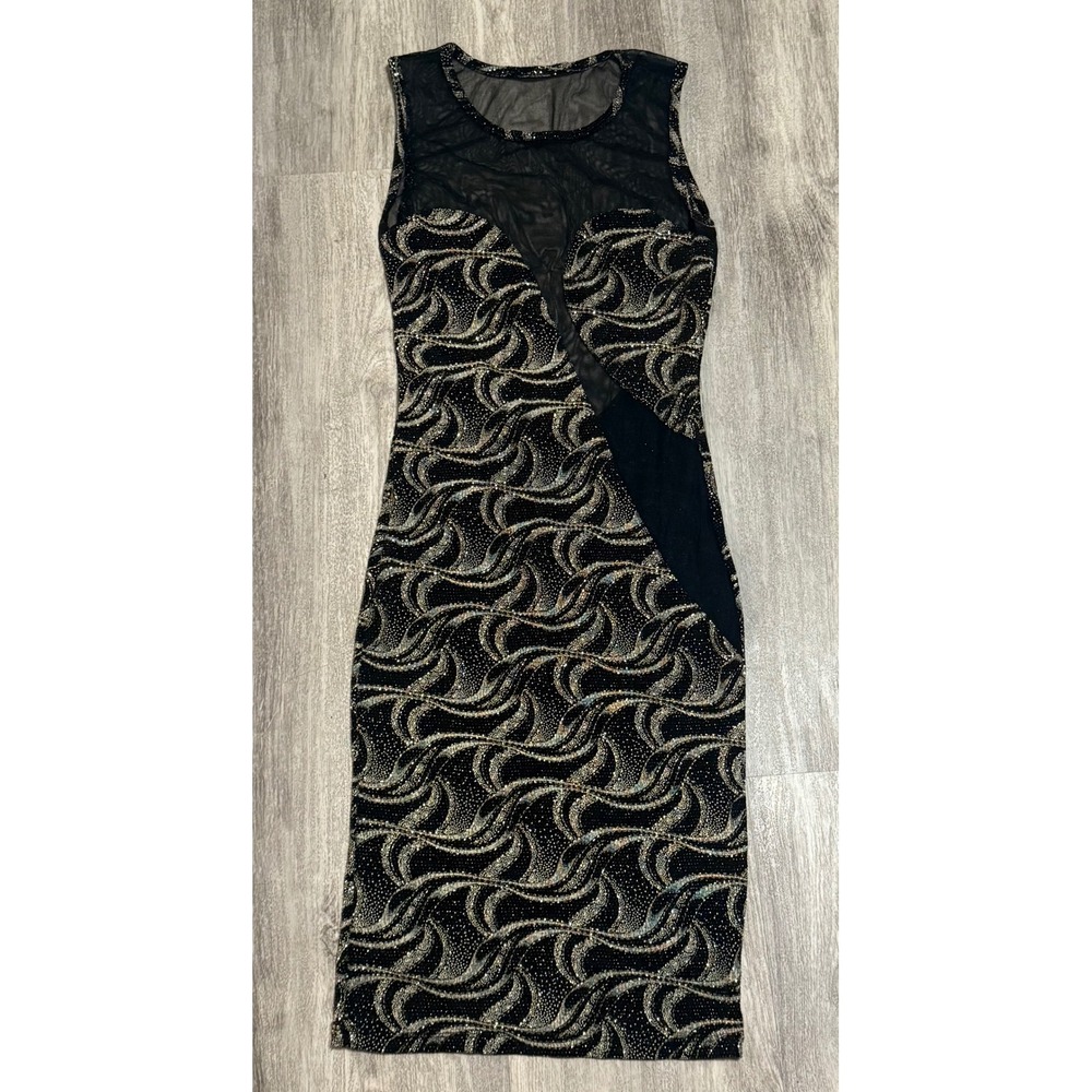 Black & Gold Sleeveless Dress, Mesh Detail Party Cocktail‎ Bodycon